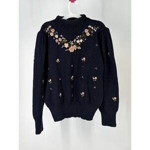 VTG Herman Geist Hand Embroidered Floral Wool Blend Sweater L Cottagecore granny